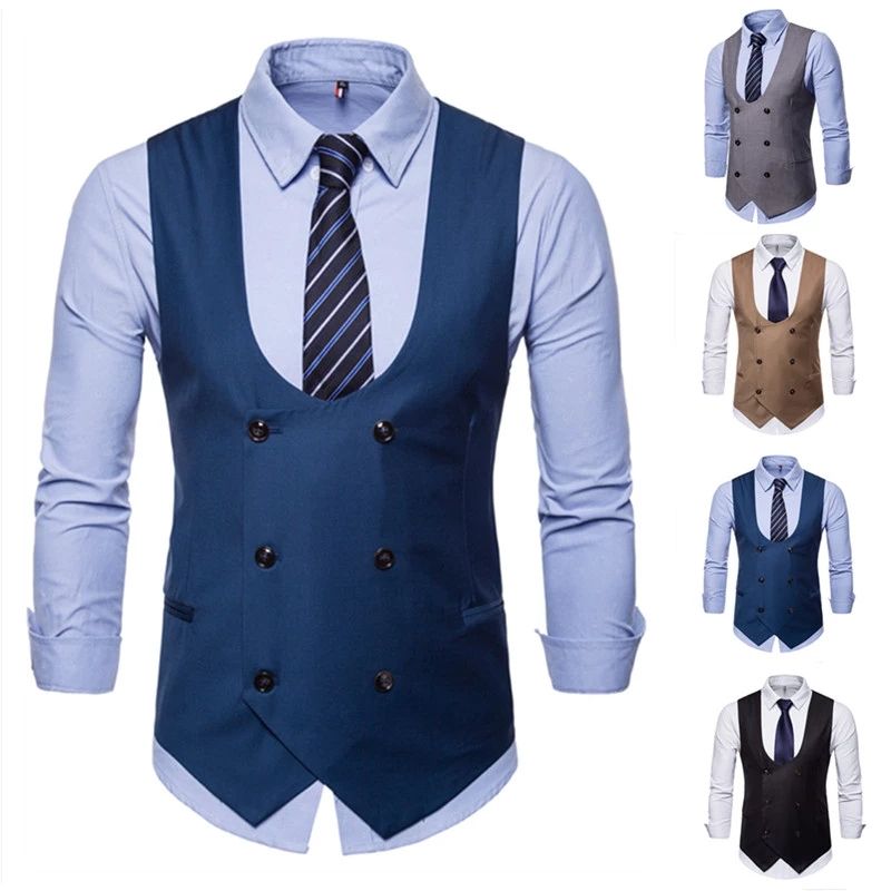 (Gray)6 Buttons Men's Suit Vest Blue Solid Color Business Casual Vest Double-Breasted For Wedding Groomsmen Waistcoat Classic Fit WAR