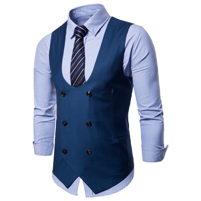 (Gray)6 Buttons Men's Suit Vest Blue Solid Color Business Casual Vest Double-Breasted For Wedding Groomsmen Waistcoat Classic Fit WAR