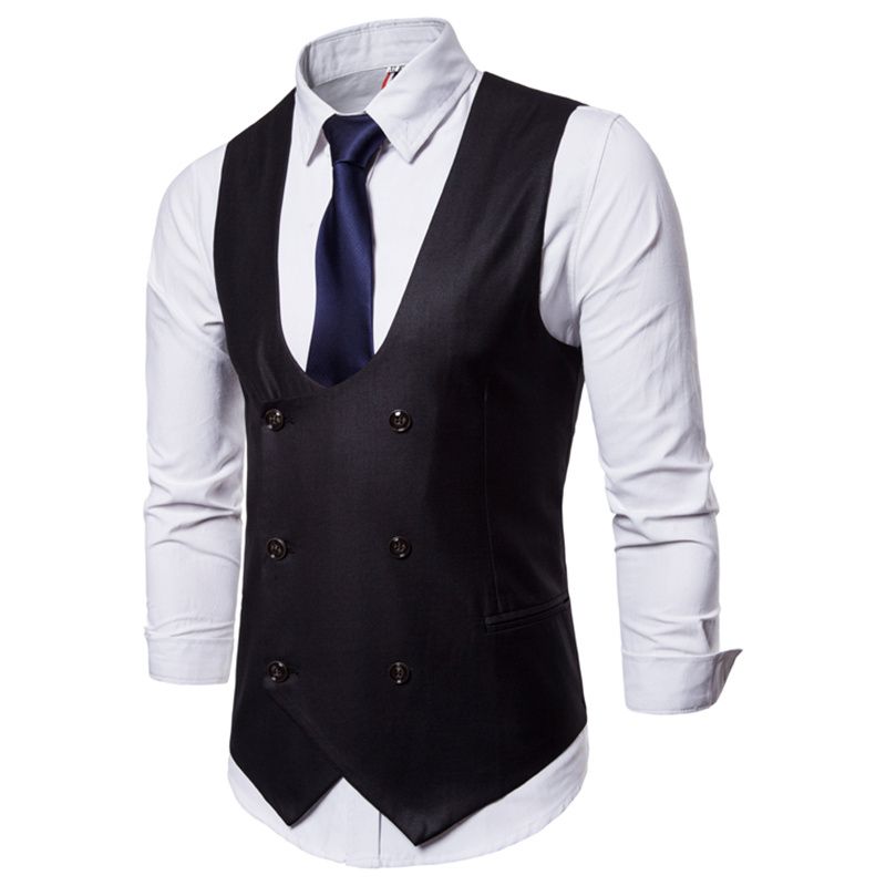 (Gray)6 Buttons Men's Suit Vest Blue Solid Color Business Casual Vest Double-Breasted For Wedding Groomsmen Waistcoat Classic Fit WAR