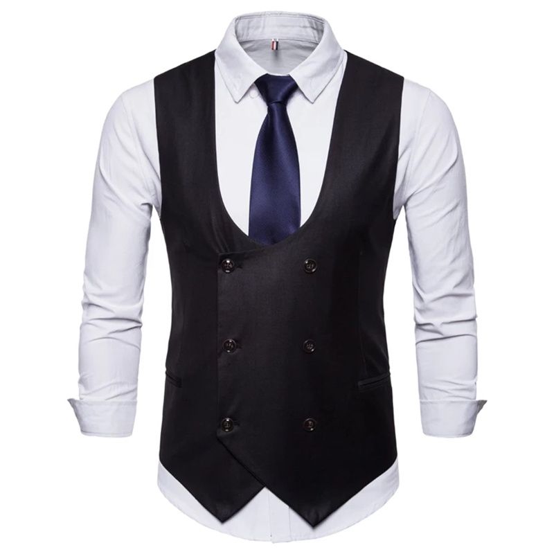 (Gray)6 Buttons Men's Suit Vest Blue Solid Color Business Casual Vest Double-Breasted For Wedding Groomsmen Waistcoat Classic Fit WAR