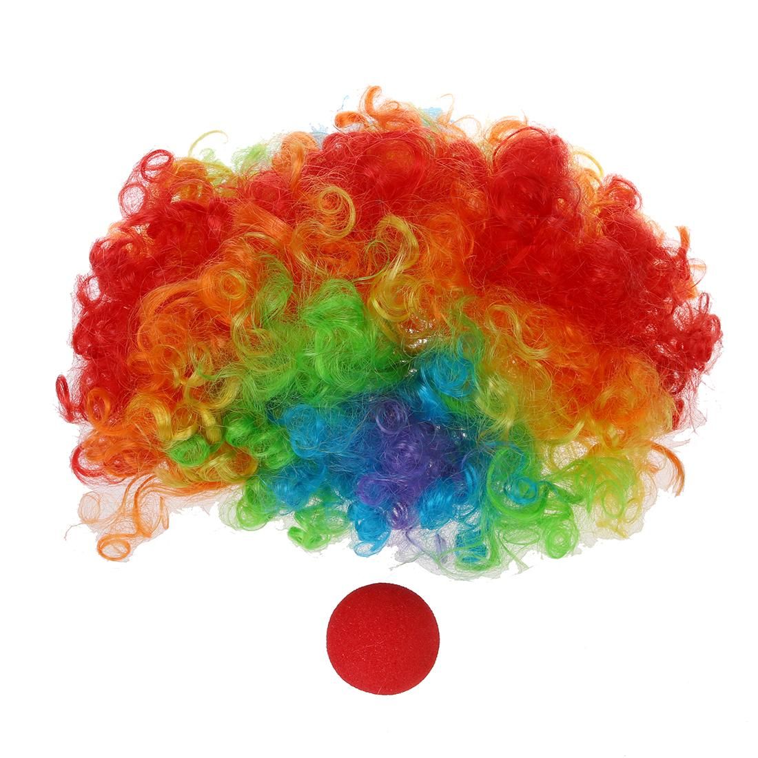 Red Foam Clown Nose + Multi-colored Clown Wig for