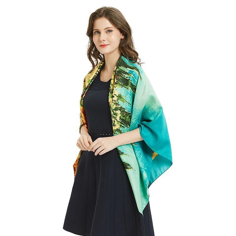 19 Summer New Silk Scarf Women's 130cm Twill Silk Artificial Silk Sunscreen Shawl European and American Oil Painting Jungle Square Scarf