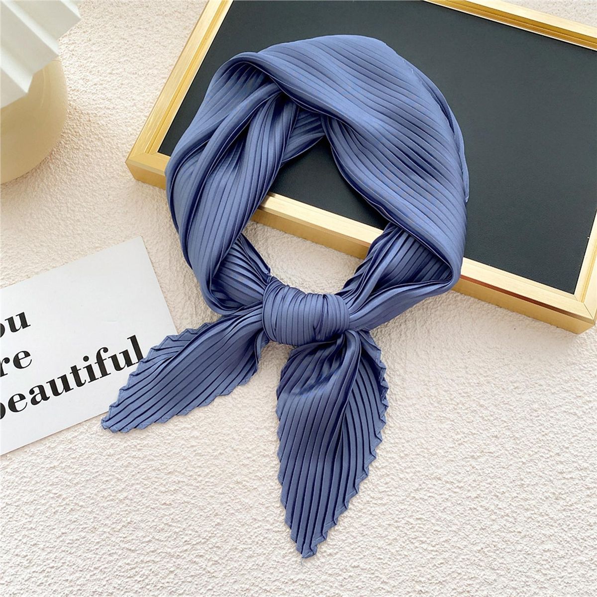 Women Square Scarf Plain Color Wavy Edge Pleated Neck-Blue