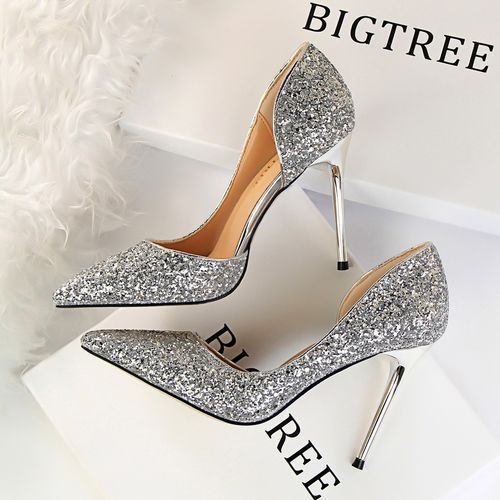 Ladies Sequins Heels Wedding Pumpsl Dress Party Shoes Silver