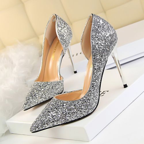 Ladies Sequins Heels Wedding Pumpsl Dress Party Shoes Silver