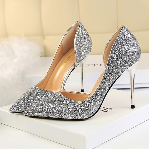 Ladies Sequins Heels Wedding Pumpsl Dress Party Shoes Silver