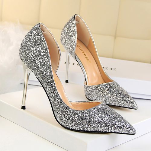 Ladies Sequins Heels Wedding Pumpsl Dress Party Shoes Silver