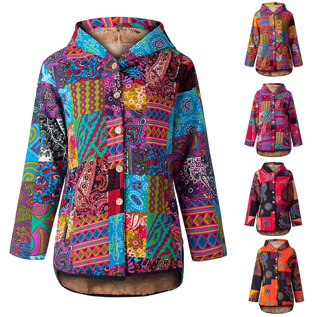Women Fleece Hooded Jacket Vintage Print Pockets Button Down