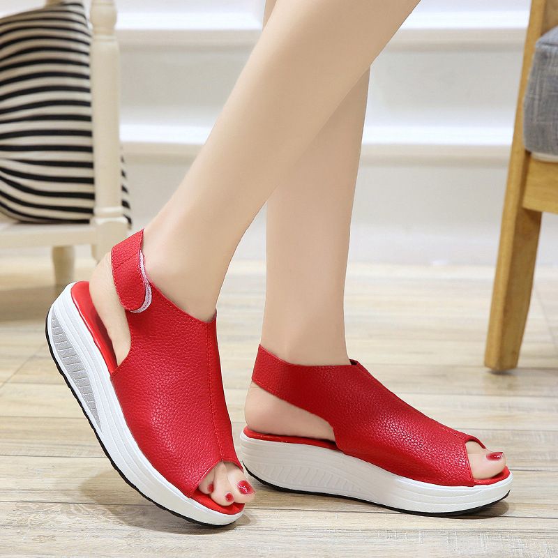 Ladies Fashion Sandals Platform Wedges Casual Slippers-Red