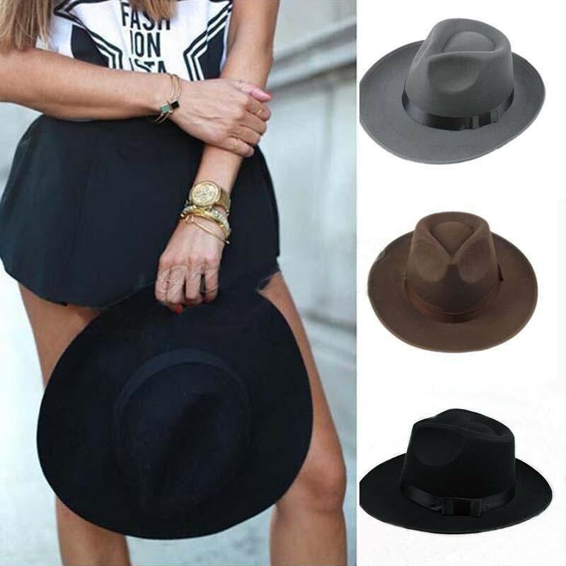 （black）Vintage Men Women Fedora Derby Bowler Wool Sun-shade Brim Belt Felt Hat Wide Brim Fedora RA