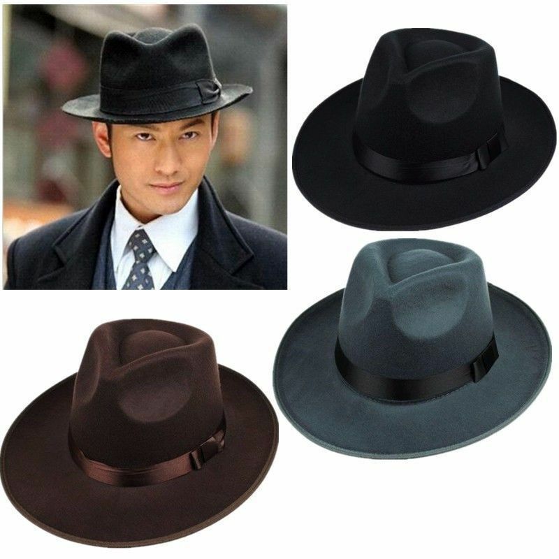 （black）Vintage Men Women Fedora Derby Bowler Wool Sun-shade Brim Belt Felt Hat Wide Brim Fedora RA