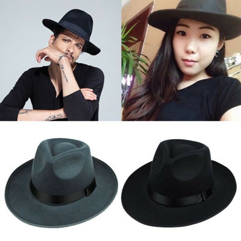 （black）Vintage Men Women Fedora Derby Bowler Wool Sun-shade Brim Belt Felt Hat Wide Brim Fedora RA