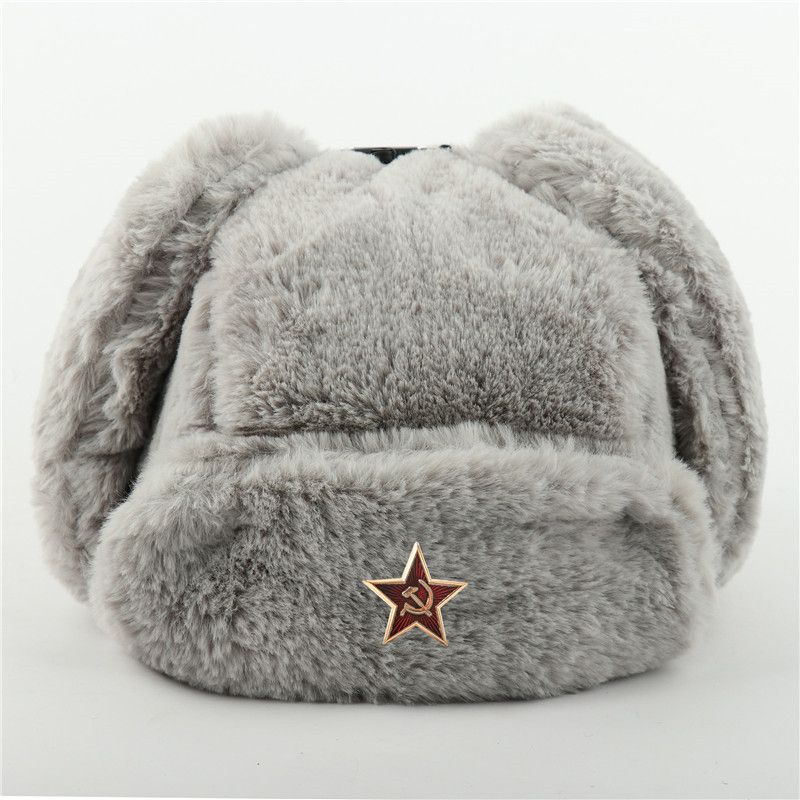 Women Soviet Badge Russian  Pilot Er Hat Mens Faux Fur  Ary Winter   Earflap Snow Caps-Soviet Star GY