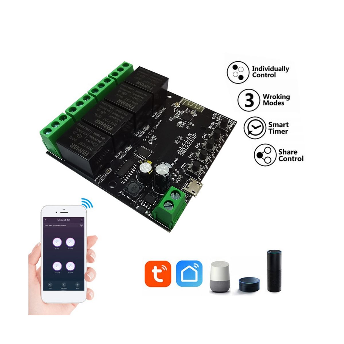 Tuya WiFi Switch Relay Module 4 Channel APP Remote Control Remote Voice for Google Home