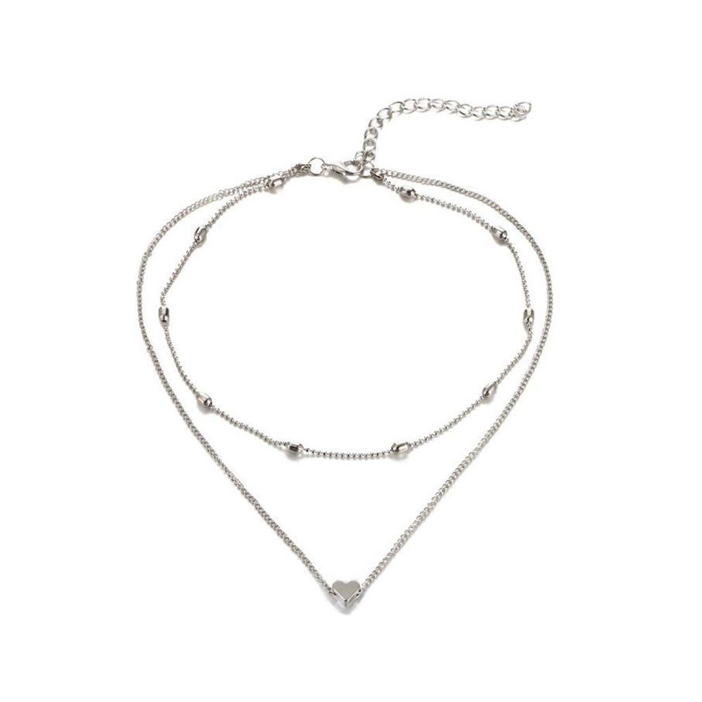 Simple And Small Heart Double Oval Bead Clavicle Chain Women's Necklace-Silver