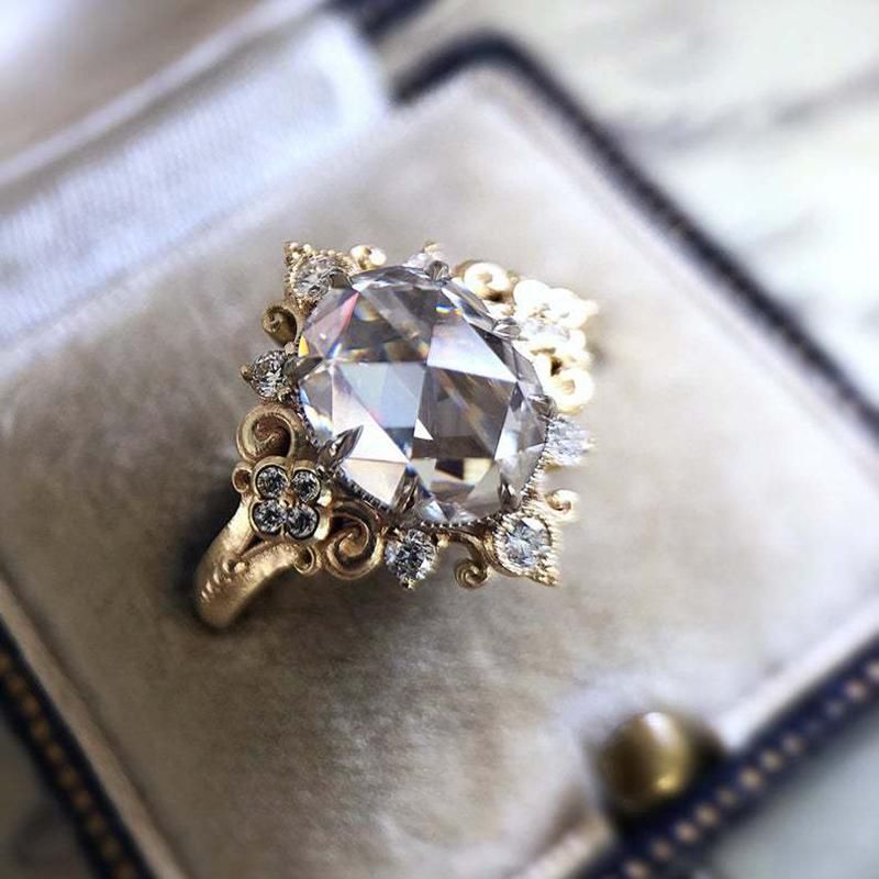 Delicate Gold Color Lace Brilliant Zirconia Ring Bridal Engagement Jewelry Gift