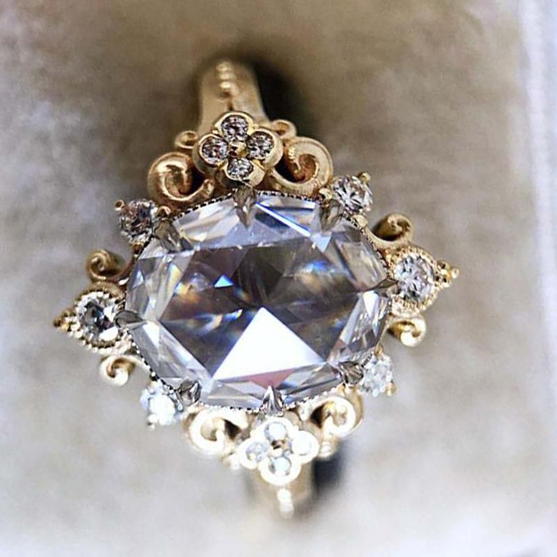 Delicate Gold Color Lace Brilliant Zirconia Ring Bridal Engagement Jewelry Gift