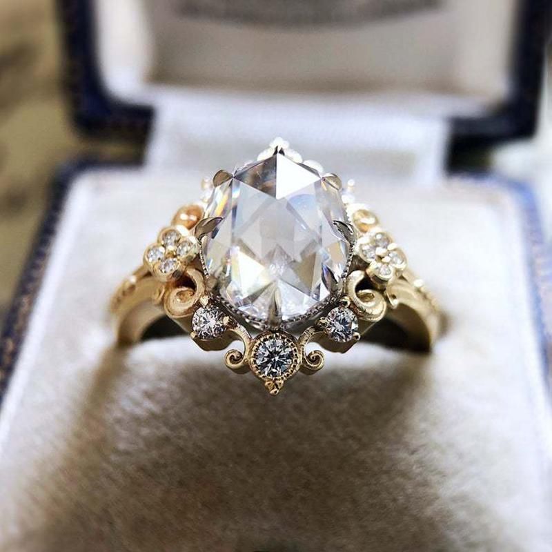 Delicate Gold Color Lace Brilliant Zirconia Ring Bridal Engagement Jewelry Gift