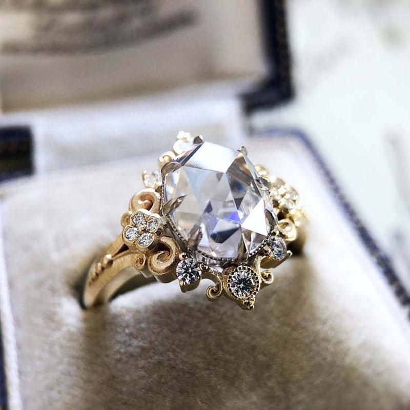 Delicate Gold Color Lace Brilliant Zirconia Ring Bridal Engagement Jewelry Gift