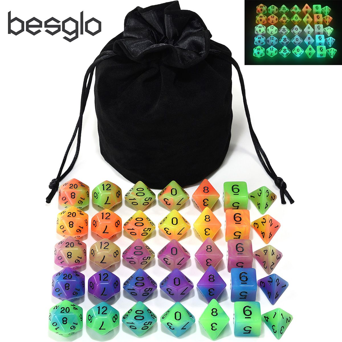 5 Sets Double Color Glowing Dice With Big Black Pouch For
