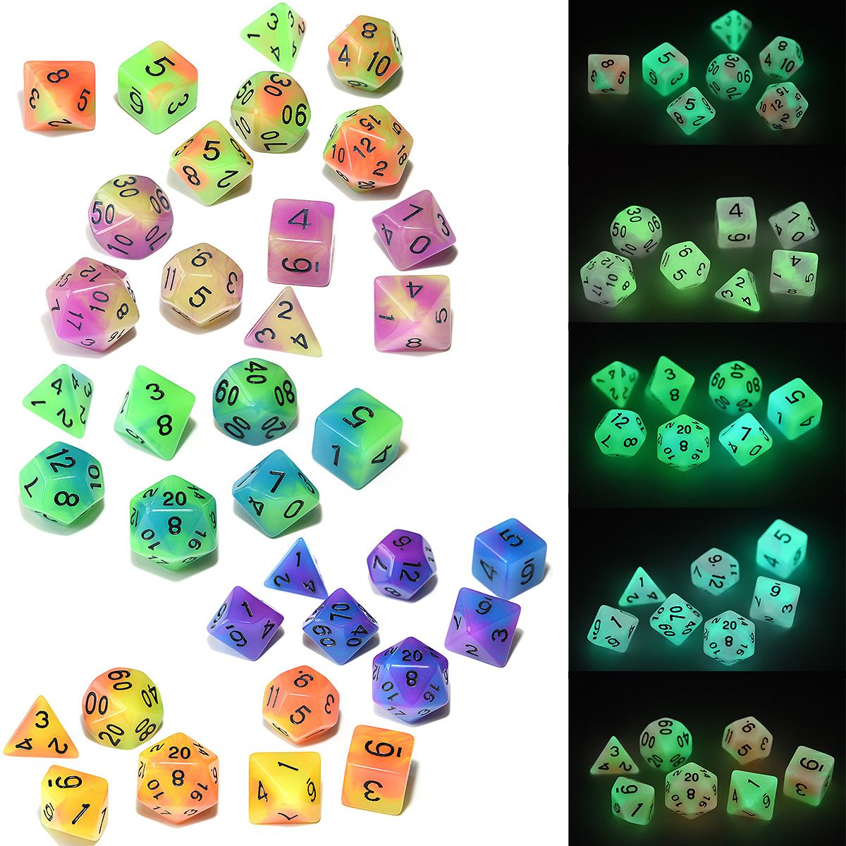5 Sets Double Color Glowing Dice With Big Black Pouch For