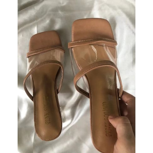 Ladies Transparent Leather With Crystals Heels Slippers - Brown