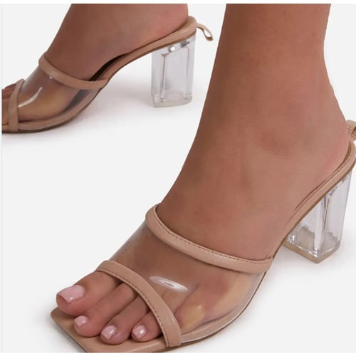 Ladies Transparent Leather With Crystals Heels Slippers - Brown