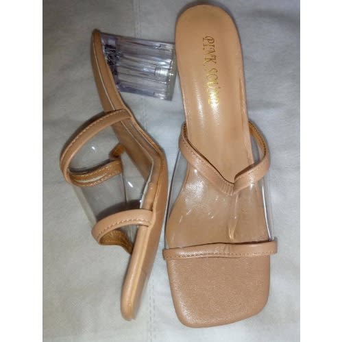Ladies Transparent Leather With Crystals Heels Slippers - Brown