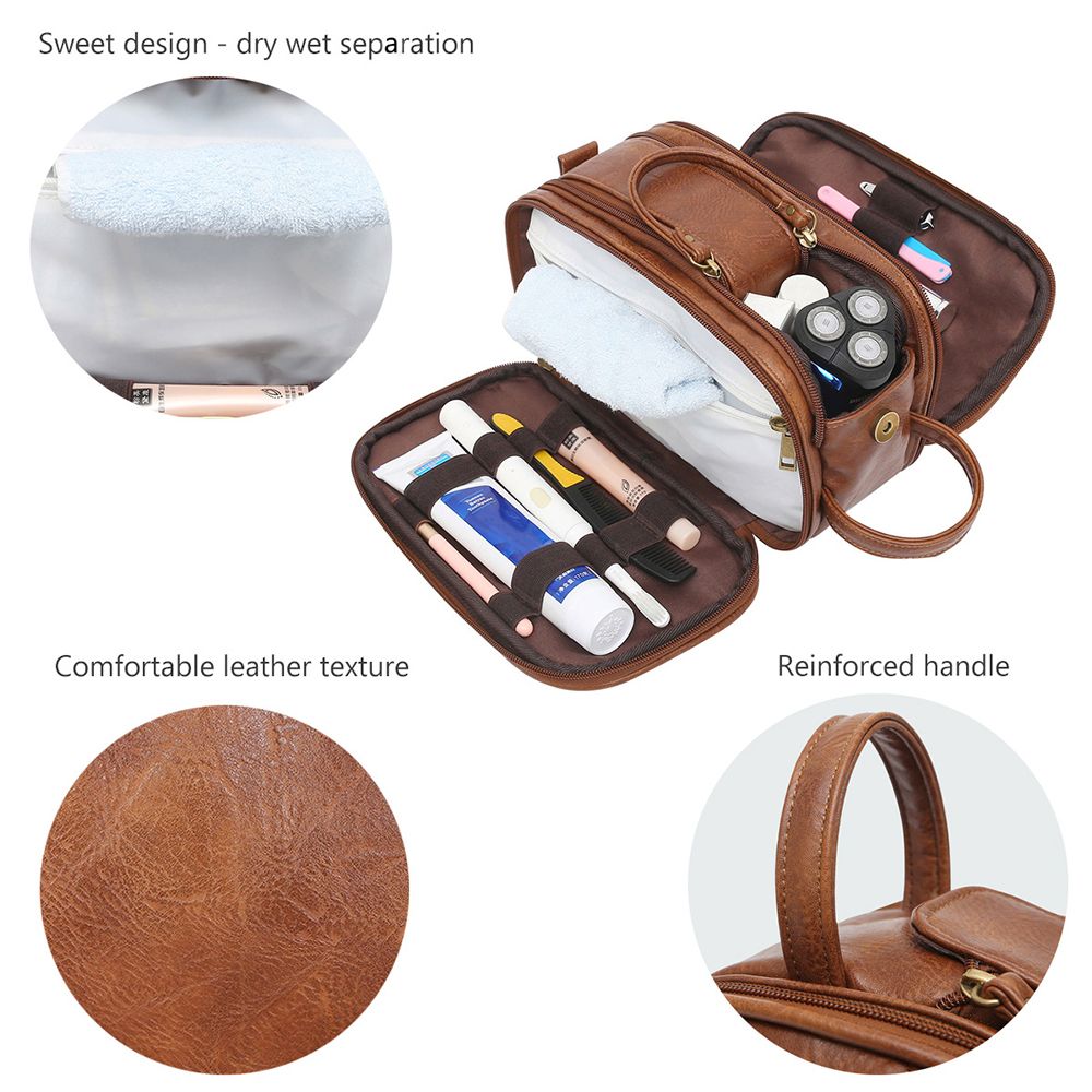 Water-Resistant PU Leather Toiletry Bag For Men Travel Wash