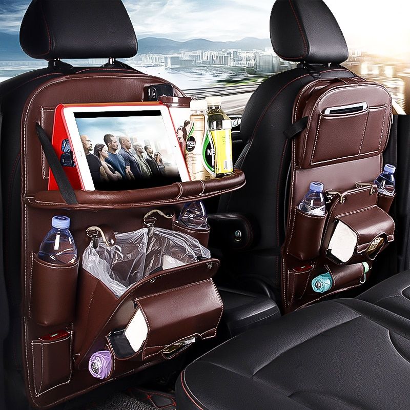 Pu Leather Car Seat Back Organizer Tray Travel Car Storage