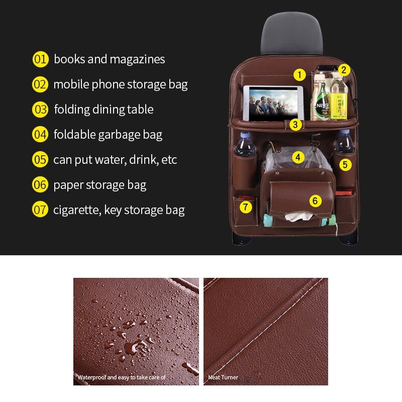 Pu Leather Car Seat Back Organizer Tray Travel Car Storage