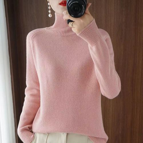 Women Turtleneck Autumn Winter Sloid Knitted Casual Pullover Sweaters-Pink
