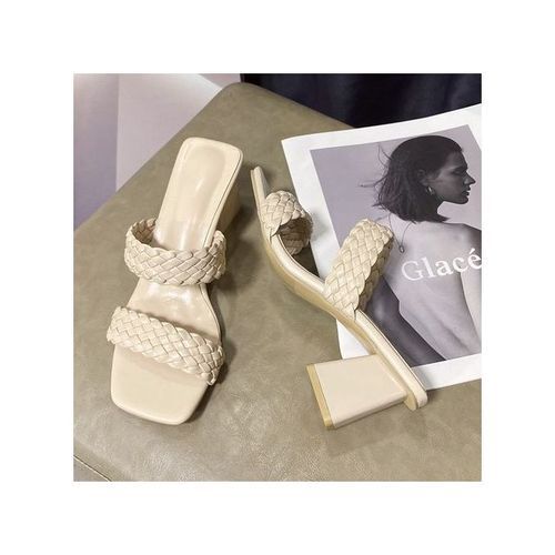 Women's Braided Heels Mules Sandals Square Open Toe Dress Ladies Slippers-Beige