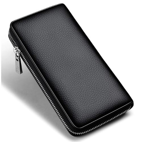 Men's Leather Zipper Wallet - Black + Free Gift