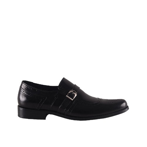 Men’s Leather Slip On Shoe With Buckle - Black - MSH-4406