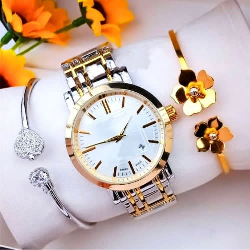 Wrist Watch + 2 Matching Bracelet  -  Silver And Gold