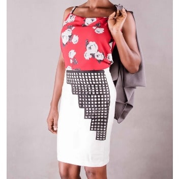 Off White Skirt With Unique Black Laser Cut Faux Leather Design