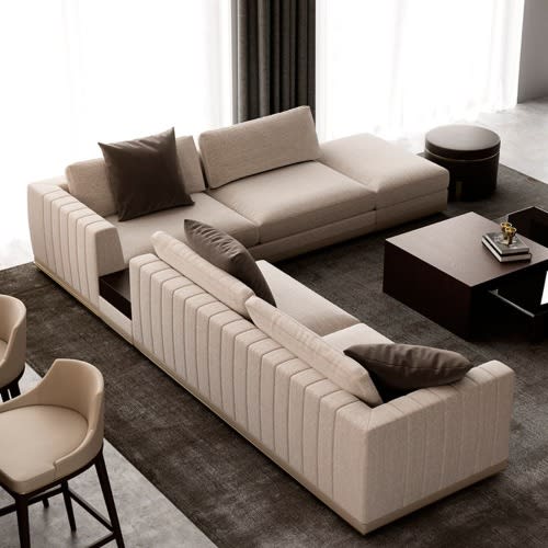 Phil L Shaped Fabric Sofa Set With Free Side Stool - Beige