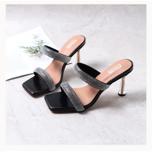 Rhinestone Decor Two Band 8.5cm Stiletto Heeled Slippers