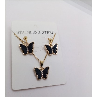 Butterfly Pendant Necklace With Stud Earring Jewelry Set - Black