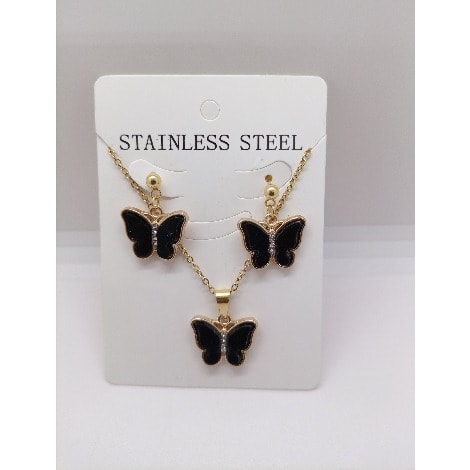 Butterfly Pendant Necklace With Stud Earring Jewelry Set - Black
