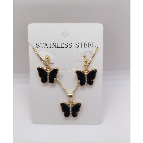 Butterfly Pendant Necklace With Stud Earring Jewelry Set - Black