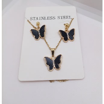 Butterfly Pendant Necklace With Stud Earring Jewelry Set - Black