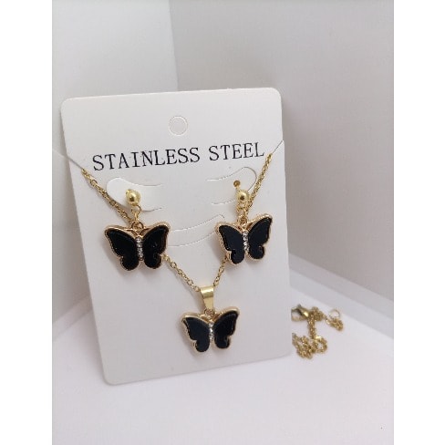Butterfly Pendant Necklace With Stud Earring Jewelry Set - Black