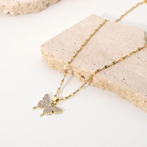 Cute Butterfly Pendant Crystal Necklace- Gold