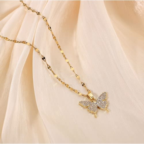 Cute Butterfly Pendant Crystal Necklace- Gold