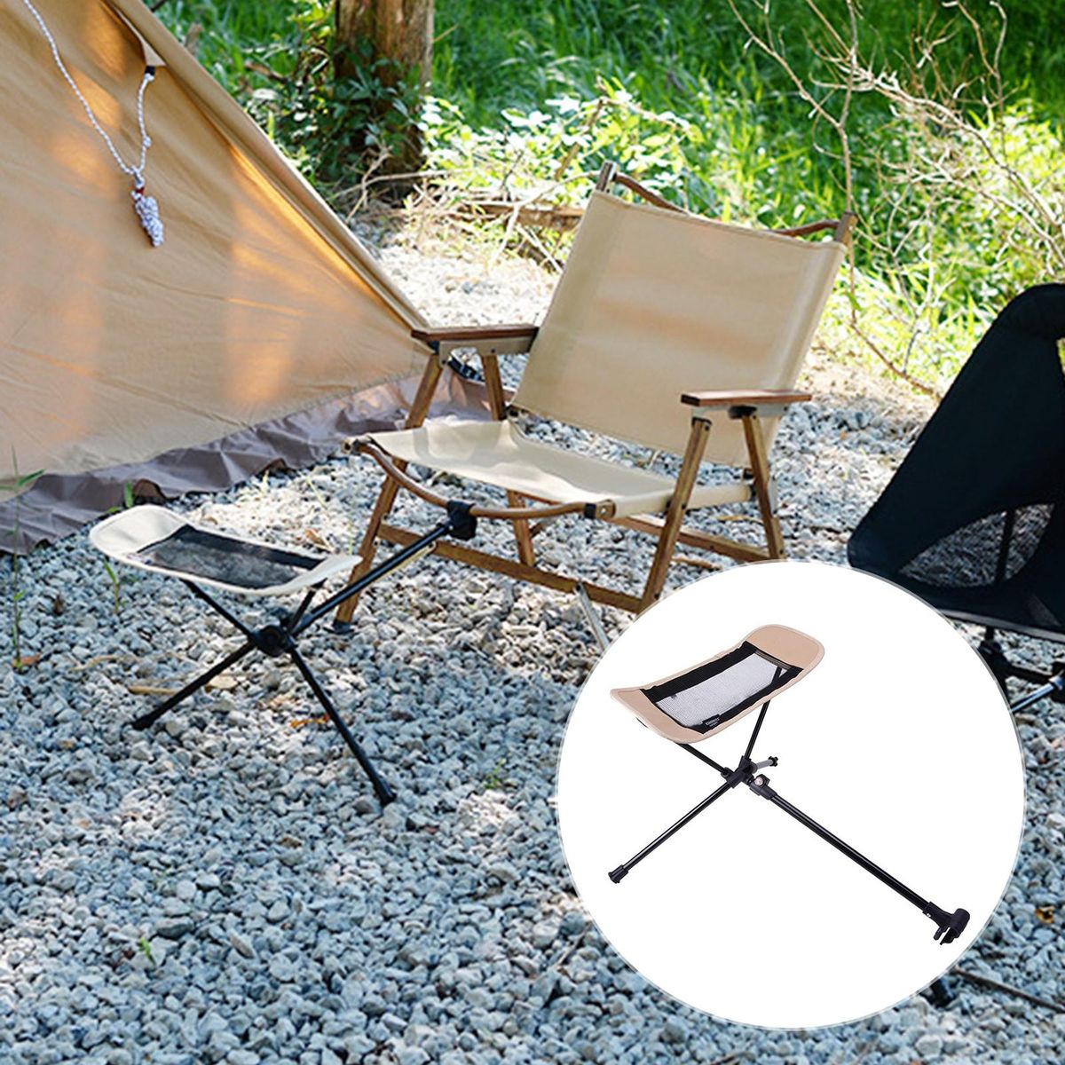 Folding Chair Portable Camping Chair with Adjustable Footrest Beige