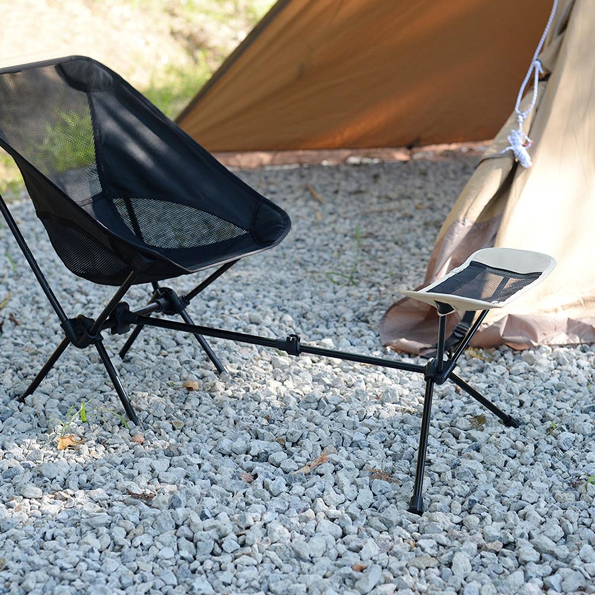 Folding Chair Portable Camping Chair with Adjustable Footrest Beige