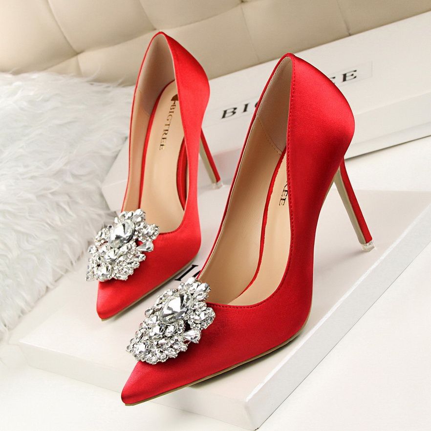 Ladies Crystal Heels Wedding Pumps Dress Party Shoes Red