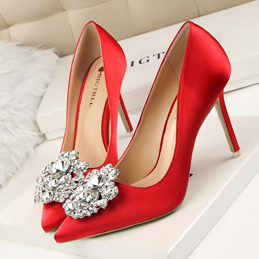 Ladies Crystal Heels Wedding Pumps Dress Party Shoes Red